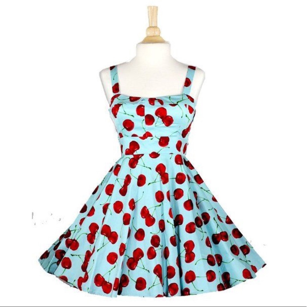 ModCloth Xia Wild Cherry Dress Aqua Retro Pinup S